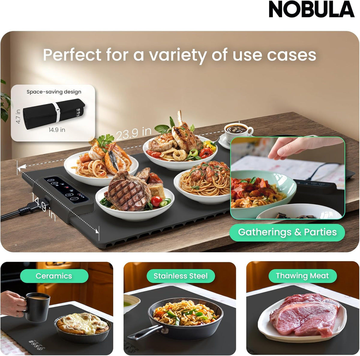 BRINZOS Electric Food Warming Mat | Premium Temperature-Controlled Food Warmer | 3 Heat Levels | Keep Meals Warm for Longer | Sleek & Portable Kitchen Serving Warmer